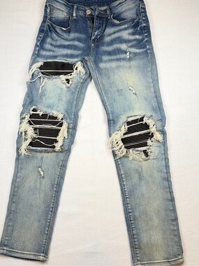 Mens Distressed Moto Patch Slim Fit Jeans Light Wash Blue Size 28